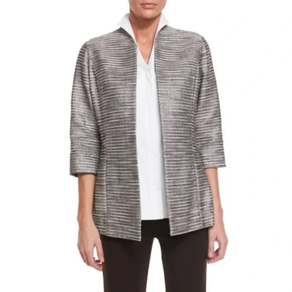 Misook Silver Linings Metallic Silver & Gray Textured Collarless Open Jacket
